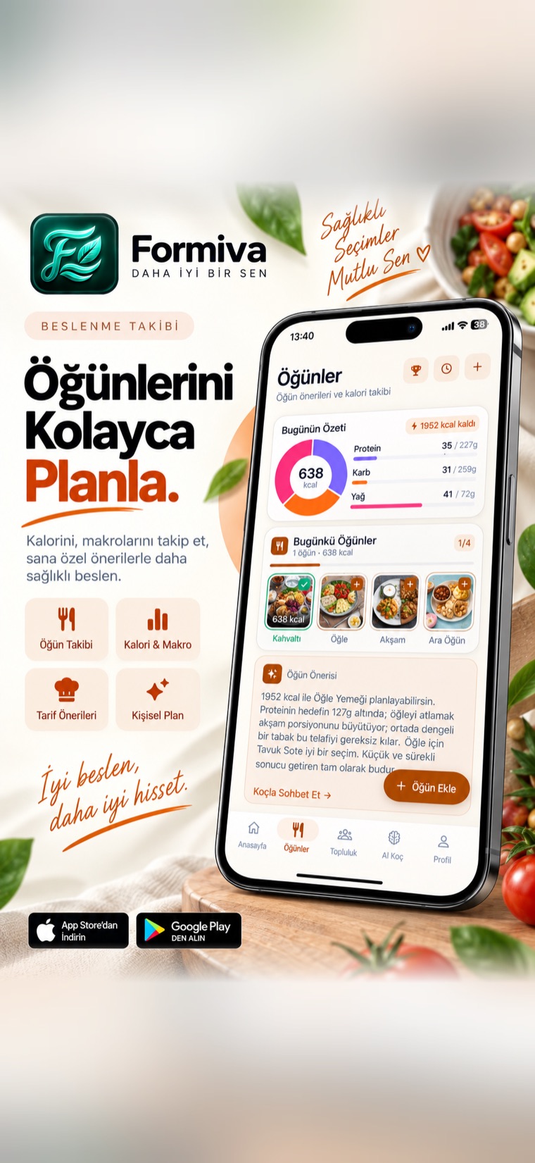 Öğünler ekranı: kahvaltı, öğle, akşam ve ara öğün kayıtları